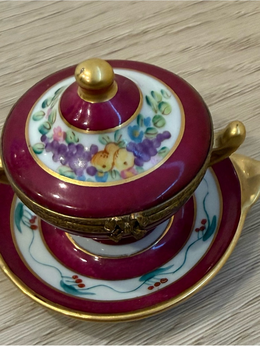 Limoges Magenta and Gold Porcelain Trinket Box with Hand-Painted Florals